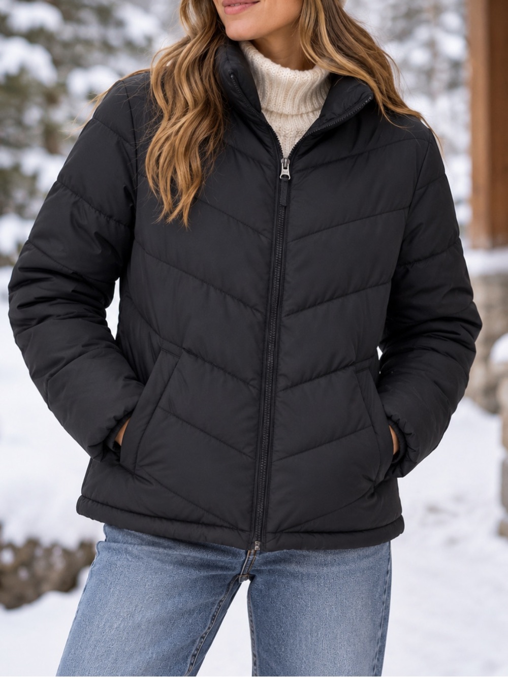 Lands' End Black Quilted Down Puffer Jacket
